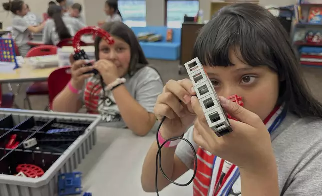Loving Elementary School students participate in a science, technology, engineering and math lab supported by The Ripken Foundation and Devon Energy, in Loving, N.M., on Monday, May 19, 2025. (AP Photo/Susan Montoya Bryan)