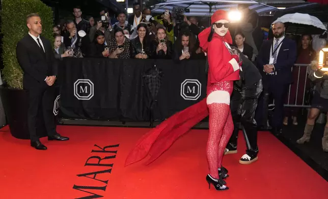 Amelia Hamlin departs The Mark Hotel prior to attending The Metropolitan Museum of Art's Costume Institute benefit gala celebrating the opening of "Superfine: Tailoring Black Style" on Monday, May 5, 2025, in New York. (Photo by Charles Sykes/Invision/AP)