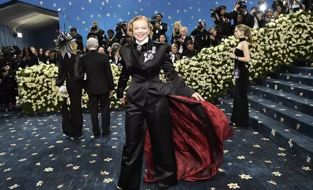 Sarah Snook attends The Metropolitan Museum of Art's Costume Institute benefit gala celebrating the opening of the "Superfine: Tailoring Black Style" exhibition on Monday, May 5, 2025, in New York. (Photo by Evan Agostini/Invision/AP)