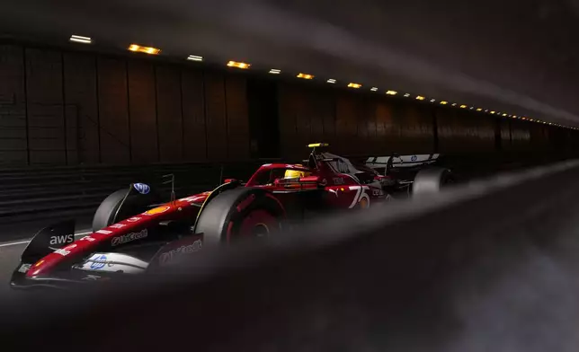 Ferrari driver Lewis Hamilton of Britain steers his car during the second free practice ahead of the Formula One Monaco Grand Prix race at the Monaco racetrack in Monaco, Friday, May 23, 2025. (AP Photo/Manu Fernandez)