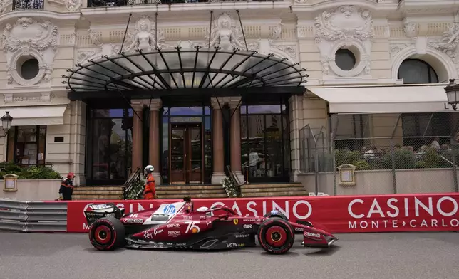 Ferrari driver Charles Leclerc of Monaco steers his car during the first free practice ahead of the Formula One Monaco Grand Prix race at the Monaco racetrack in Monaco, Friday, May 23, 2025. (AP Photo/Manu Fernandez)