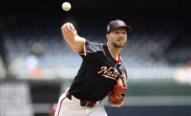 Washington Nationals starting pitcher Michael Soroka throws during the first inning of a baseball game against the Cleveland Guardians, Wednesday, May 7, 2025, in Washington. (AP Photo/Nick Wass)