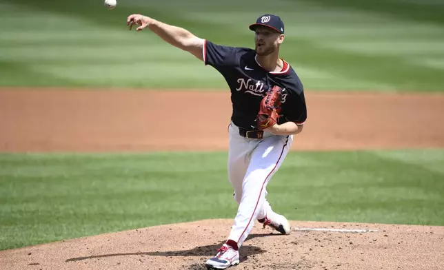 Washington Nationals starting pitcher Michael Soroka throws during the second inning of a baseball game against the Cleveland Guardians, Wednesday, May 7, 2025, in Washington. (AP Photo/Nick Wass)