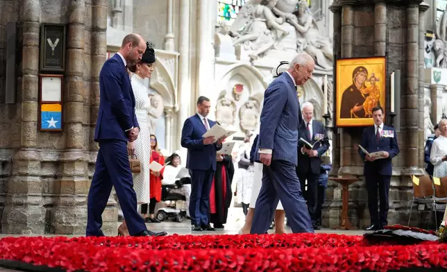 Britain's Prince William, Kate, Princess of Wales, King Charles III and Queen Camilla attend a Service of Thanksgiving at Westminster Abbey on V-E Day in London, Thursday, May 8, 2025. (Jordan Pettitt/Pool Photo via AP)