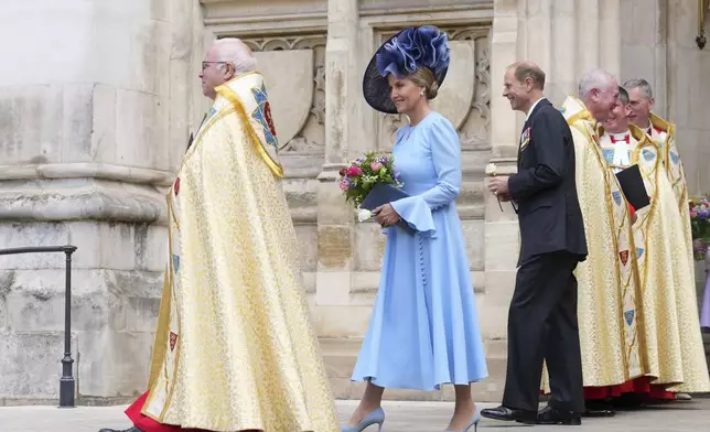 Britain's Sophie the Duchess of Edinburgh, and Prince Edward, Duke of Edinburgh leave after attending a Service of Thanksgiving at Westminster Abbey on V-E Day in London, Thursday, May 8, 2025.(AP Photo/Kirsty Wigglesworth)