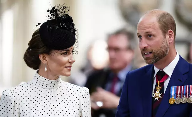 Britain's Kate, Princess of Wales, and Prince William attend a Service of Thanksgiving at Westminster Abbey on V-E Day in London, Thursday, May 8, 2025. (Jordan Pettitt/Pool Photo via AP)