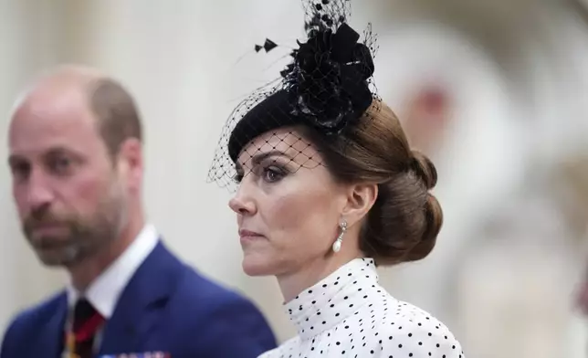 Britain's Prince William and Kate, Princess of Wales, attend a Service of Thanksgiving at Westminster Abbey on V-E Day in London, Thursday, May 8, 2025. (Jordan Pettitt/Pool Photo via AP)