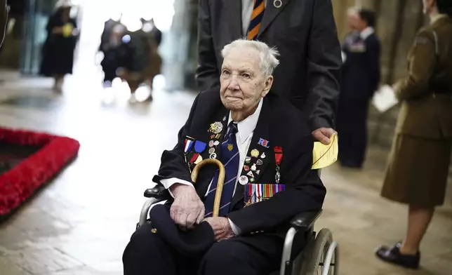 A Second World War veteran attends a Service of Thanksgiving at Westminster Abbey on V-E Day in London, Thursday, May 8, 2025. (Jordan Pettitt/Pool Photo via AP)