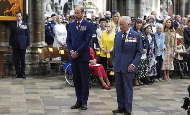Britain's Prince William, centre left, and King Charles III attend a Service of Thanksgiving at Westminster Abbey on V-E Day in London, Thursday, May 8, 2025. (Jordan Pettitt/Pool Photo via AP)