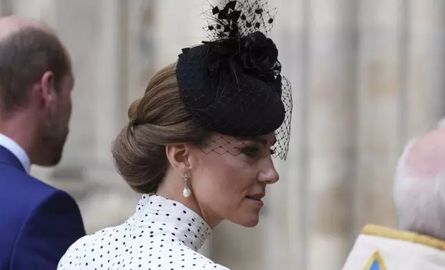 Britain's Kate, Princess of Wales, and Prince William arrive to attend a Service of Thanksgiving at Westminster Abbey on V-E Day in London, Thursday, May 8, 2025.(AP Photo/Kirsty Wigglesworth)
