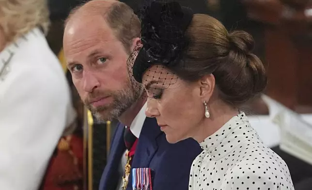 Britain's Prince William and Kate, Princess of Wales attend a Service of Thanksgiving at Westminster Abbey in London on the 80th anniversary of V-E Day, Thursday, May 8, 2025. (Aaron Chown/Pool Photo via AP)