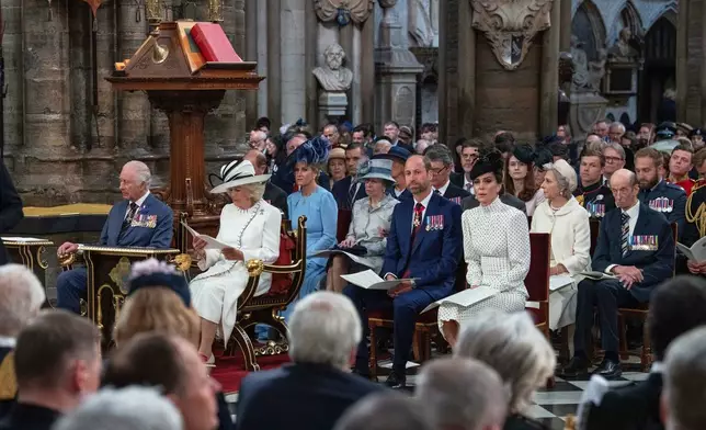 Britain's King Charles III, Queen Camilla, Prince William and Kate, the Princess of Wales, attend the Service of Thanksgiving at Westminster Abbey on V-E Day in London, Thursday, May 8, 2025. (Julian Simmonds/Pool Photo via AP)
