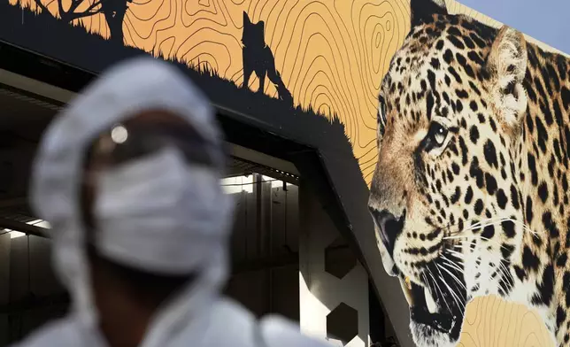 A health worker stands at the entrance to the zoo where vehicles are disinfected within a containment barrier for bird flu after the deaths of birds due to suspected bird flu in Brasilia, Brazil, Thursday, May 29, 2025. (AP Photo/Eraldo Peres)