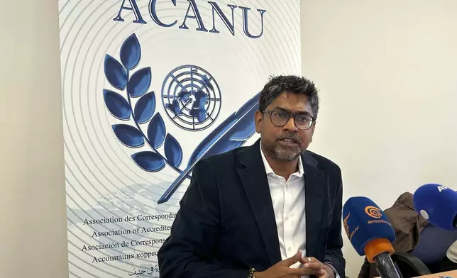 Ajith Sunghay, head of the U.N. Human Rights Office for the Palestinian territories, speaks at a news conference with the U.N. Geneva press association ACANU, in Geneva, Switzerland, Wednesday, May 28, 2024. (AP Photo/Jamey Keaten)