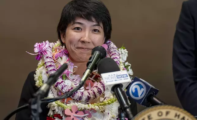 Hawaii House Vice Speaker Linda Ichiyama speaks to journalists during a press conference at the state Capitol, Friday, May 2, 2025, in Honolulu. (AP Photo/Mengshin Lin)