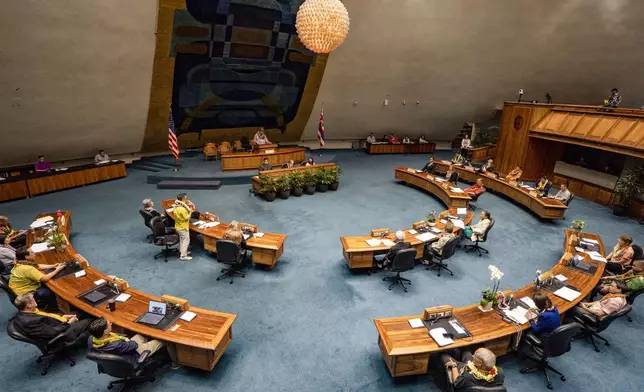 Hawaii senators are seen during the discussion of the bill that will increase the state's lodging tax, Friday, May 2, 2025, at the state Capitol in Honolulu. (AP Photo/Mengshin Lin)