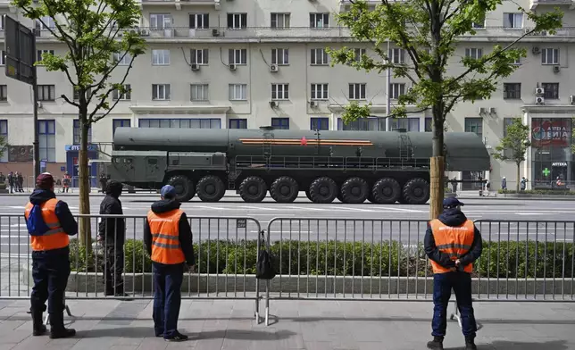 A Russian RS-24 Yars ballistic missile launcher rolls along the Garden Ring after the Victory Day military parade general rehearsal in Moscow, Russia, Wednesday, May 7, 2025. (AP Photo/Dmitry Serebryakov)