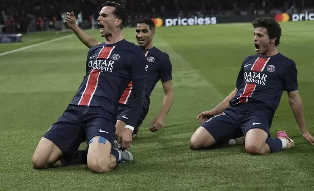 PSG's Fabian Ruiz celebrates after scoring his side's opening goal the Champions League semifinal, second leg soccer match between Paris Saint-Germain and Arsenal at the Parc des Princes in Paris, Wednesday, May 7, 2025. (AP Photo/Aurelien Morissard)