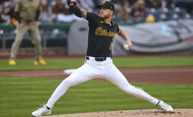 Pittsburgh Pirates pitcher Bailey Falter delivers during the first inning of a baseball game against the San Diego Padres in Pittsburgh, Saturday, May 3, 2025. (AP Photo/Gene J. Puskar)