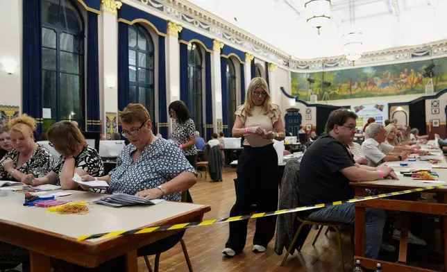 Votes are counted at Grimsby Town Hall, in Lincolnshire, England, for the Greater Lincolnshire Mayor election, Thursday, May 1, 2025. (Joe Giddens/PA via AP)