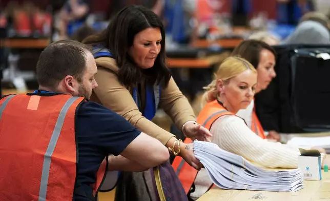 Votes are counted at DCBL Halton Stadium, in Widnes, Cheshire, England, for the Runcorn and Helsby by-election that was triggered by the resignation of former Labour MP Mike Amesbury, Thursday, May 1, 2025. (Peter Byrne/PA via AP)