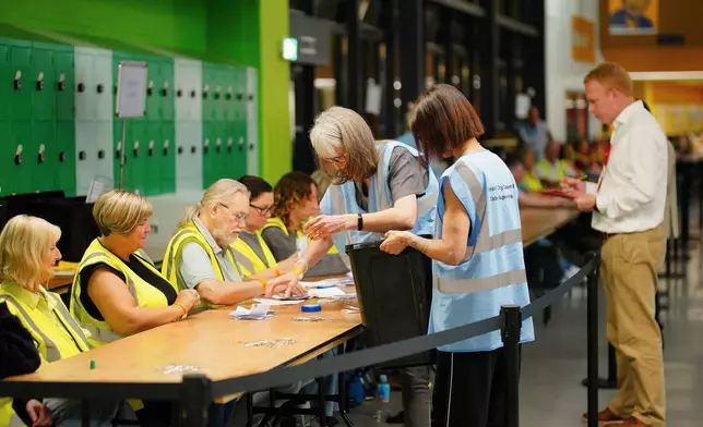 Votes are counted at Oasis Academy, in Bristol, England, for the Mayor of West of England Combined Authority, Thursday, May 1, 2025. (Ben Birchall/PA via AP)