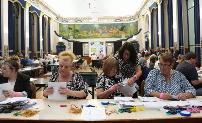 Votes are counted at Grimsby Town Hall, in Lincolnshire, England, for the Greater Lincolnshire Mayor election, early Friday, May 2, 2025. (Joe Giddens/PA via AP)