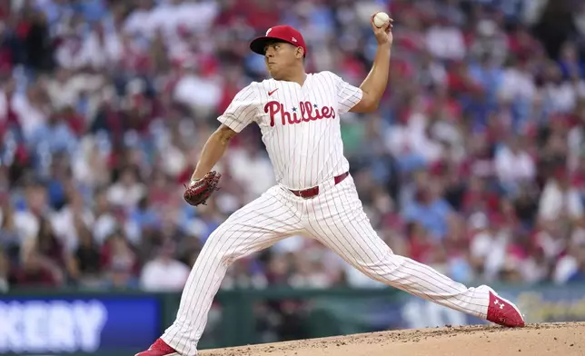 Philadelphia Phillies' Ranger Suárez pitches during the third inning of a baseball game against the Atlanta Braves Tuesday, May 27, 2025, in Philadelphia. (AP Photo/Matt Slocum)