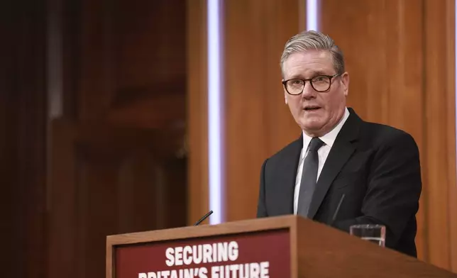Britain's Prime Minister Keir Starmer speaks during a press conference, ahead of the publication of the government’s Immigration White Paper, in London, Monday, May 12, 2025. (Ian Vogler, Pool Photo via AP)