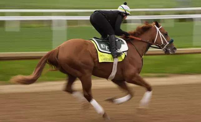 Kentucky Derby entrant American Promise works out at Churchill Downs Wednesday, April 30, 2025, in Louisville, Ky. (AP Photo/Charlie Riedel)