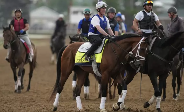 Kentucky Derby entrant Journalism comes off the track after a workout at Churchill Downs Tuesday, April 29, 2025, in Louisville, Ky. (AP Photo/Charlie Riedel)