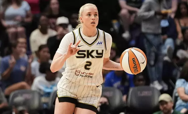 Chicago Sky guard Hailey Van Lith (2) moves the ball down court in the second half a WNBA exhibition basketball game against Brazil in Baton Rouge, La., Friday, May 2, 2025. (AP Photo/Gerald Herbert)