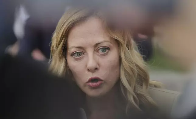 Italy's Prime Minister Giorgia Meloni attends the European Political Community summit in Tirana, Albania, Friday, May 16, 2025. (AP Photo/Vlasov Sulaj)