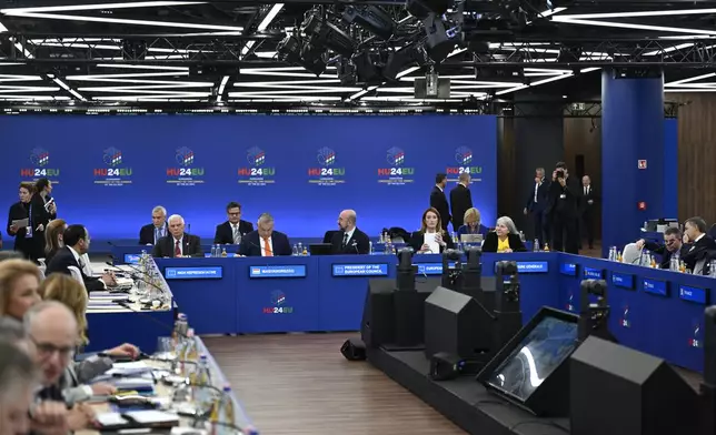 FILE - A general view of the plenary session during an EU Summit at the Puskas Arena in Budapest, Friday, Nov. 8, 2024. (AP Photo/Denes Erdos, File)