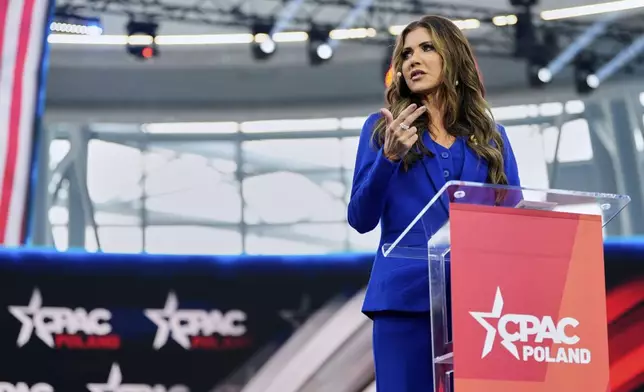 Homeland Security Secretary Kristi Noem speaks at the Conservative Political Action Conference, CPAC, Tuesday, May 27, 2025, in Jasionka, Poland. (AP Photo/Alex Brandon, Pool)