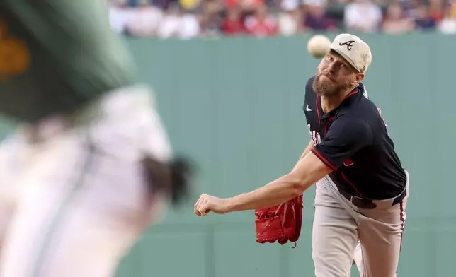Atlanta Braves pitcher Chris Sale throws during the first inning of a baseball game against the Boston Red Sox, Friday, May 16, 2025, in Boston. (AP Photo/Mark Stockwell)