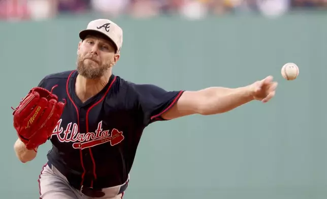 Atlanta Braves pitcher Chris Sale throws during the first inning of a baseball game against the Boston Red Sox, Friday, May 16, 2025, in Boston. (AP Photo/Mark Stockwell)