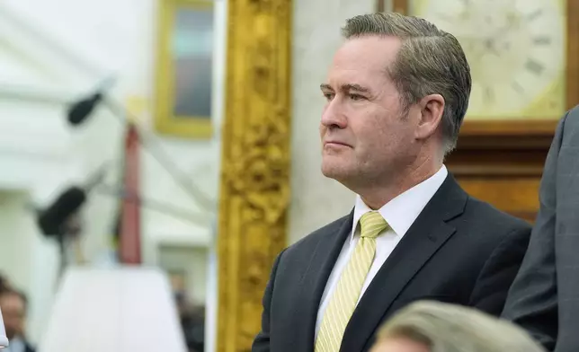 White House national security adviser Mike Waltz listens as President Donald Trump meets with Italy's Prime Minister Giorgia Meloni in the Oval Office of the White House, Thursday, April 17, 2025, in Washington. (AP Photo/Alex Brandon)