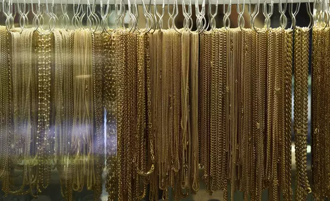 Imported gold chains are displayed at V&amp;P Jewelry in the St. Vincent Jewelry Center in the Jewelry District of Los Angeles, Wednesday, April 30, 2025. (AP Photo/Jae C. Hong)