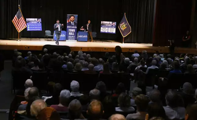 U.S. Rep. Mike Lawler, R-N.Y., speaks at a town hall, Sunday, May 4, 2025, in Somers, N.Y. (AP Photo/Jessica Hill)