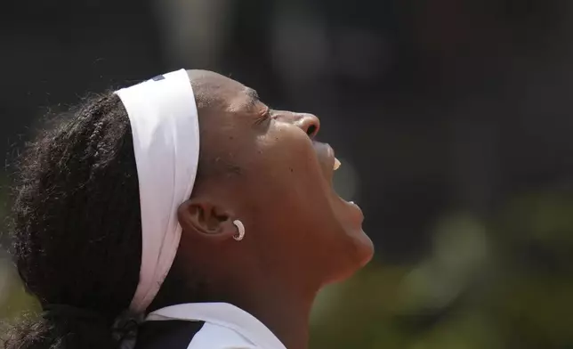 United States' Coco Gauff celebrates after defeating Mirra Andreeva in their tennis match at the Italian Open at the Foro Italico, in Rome, Wednesday, May 14, 2025.(AP Photo/Alessandra Tarantino)