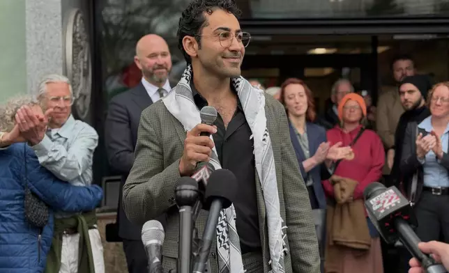 Mohsen Mahdawi speaks outside the courthouse after a judge released the Palestinian student activist on Wednesday, April 30, 2025 in Burlington, Vt. (AP Photo/Amanda Swinhart)