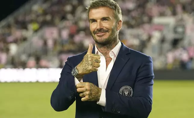 FILE - Inter Miami co-owner David Beckham gives the thumbs up before a Leagues Cup soccer match Adam Grinwis, Wednesday, Aug. 2, 2023, in Fort Lauderdale, Fla. (AP Photo/Lynne Sladky, File)