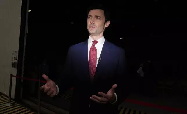 Sen. Jon Ossoff, D-Ga., speaks during an interview at Dobbins Air Reserve Base, Saturday, April 26, 2025, in Marietta, Ga. (AP Photo/Brynn Anderson)