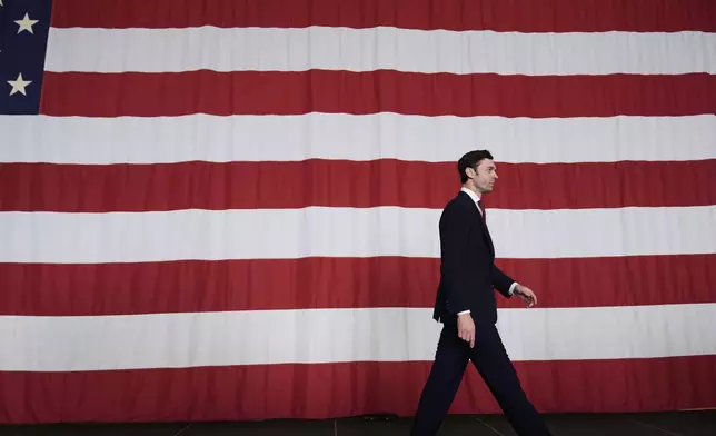 Sen. Jon Ossoff poses for a portrait during an event at Dobbins Air Reserve Base, Saturday, April 26, 2025, in Marietta, Ga. (AP Photo/Brynn Anderson)