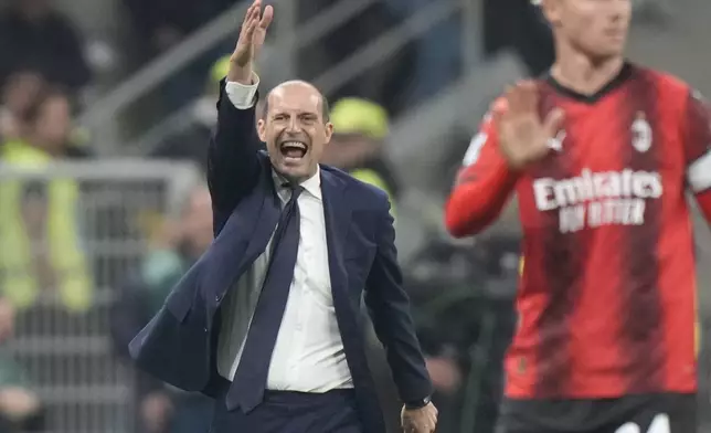 FILE -Juventus' head coach Massimiliano Allegri gestures during a Serie A soccer match between AC Milan and Juventus, at the San Siro stadium in Milan, Italy, Oct. 22, 2023. (AP Photo/Luca Bruno, File)