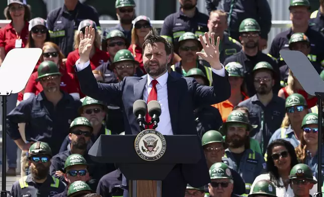 Vice President JD Vance speaks during a tour at Nucor Steel Berkeley in Huger, S.C., Thursday, May 1, 2025. (Kevin Lamarque/Pool Photo via AP)