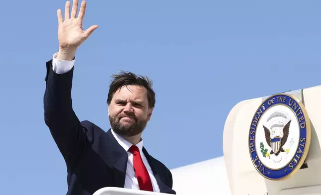 Vice President JD Vance waves waves as he departs Charleston, S.C., Thursday, May 1, 2025, after touring Nucor Steel Berkeley in Huger, S.C. (Kevin Lamarque/Pool Photo via AP)