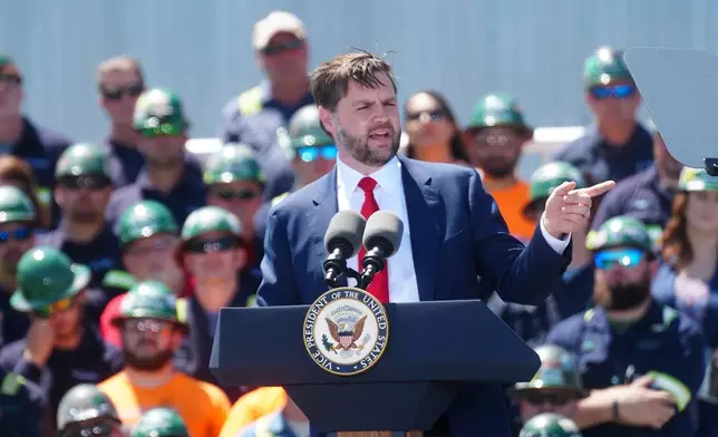 Vice President JD Vance makes remarks during an event to mark the Trump administration's first 100 days at a Nucor Steel Berkeley, Thursday, May 1, 2025, in Huger, S.C. (AP Photo/Meg Kinnard)