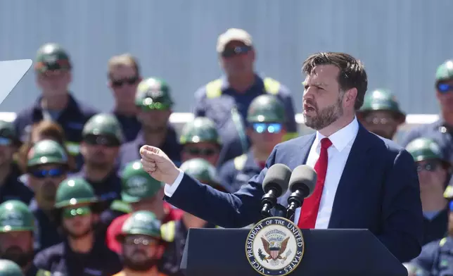 Vice President JD Vance makes remarks during an event to mark the Trump administration's first 100 days at a Nucor Steel Berkeley, Thursday, May 1, 2025, in Huger, S.C. (AP Photo/Meg Kinnard)